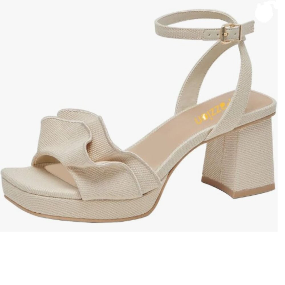 Pazzion Beige Platform Square Toe Pleated Ruffle Block High Heel Strap Sandal